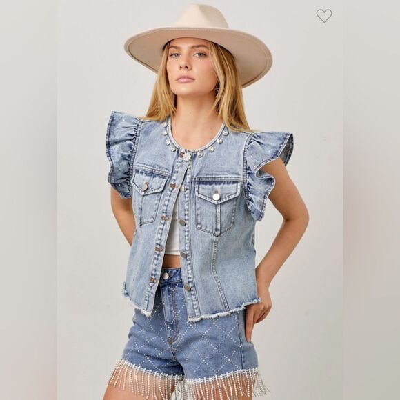 800. RHINESTONE DENIM VEST RUFFLE SLEEVE - Picture 2 of 10